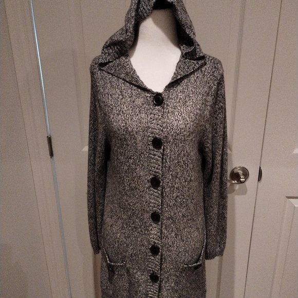 Designers Original Long Gray Cardigan Size Medium with Large Buttons and a Hood - Picture 1 of 2